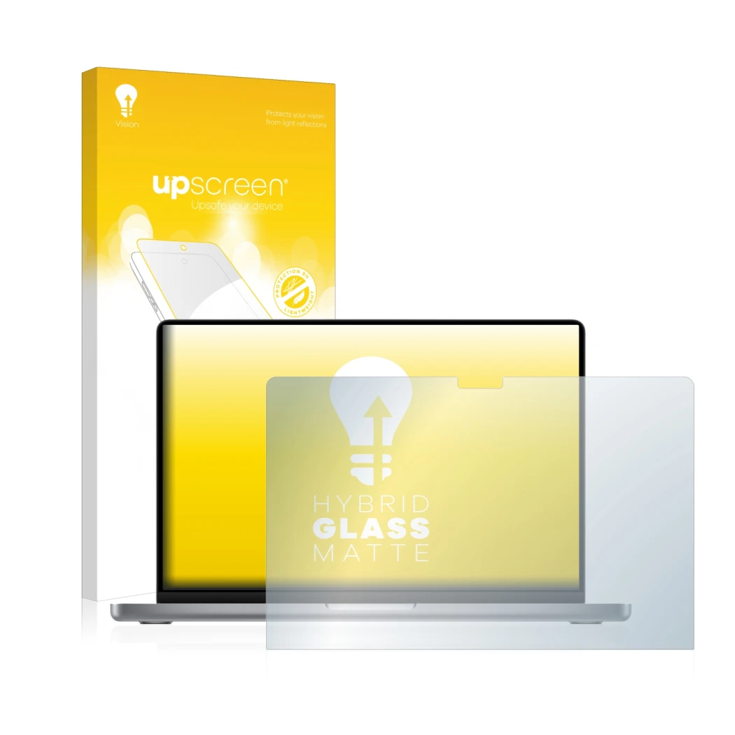 Parte frontal de un envase de producto con el logotipo de la marca upscreen. Al lado se muestra el dispositivo Apple MacBook P