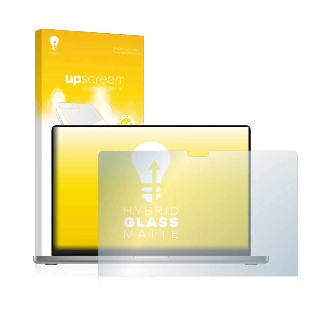 Parte frontal de un envase de producto con el logotipo de la marca upscreen. Al lado se muestra el dispositivo Apple MacBook P