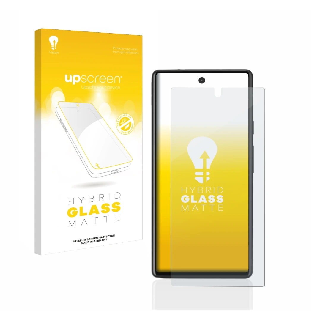 Parte frontal de un envase de producto con el logotipo de la marca upscreen. Al lado se muestra el dispositivo Google Pixel 6a