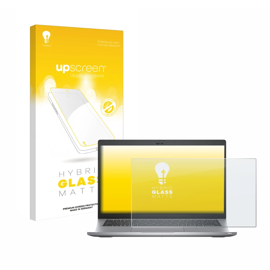 Parte frontal de un envase de producto con el logotipo de la marca upscreen. Al lado se muestra el dispositivo Dell Latitude 5