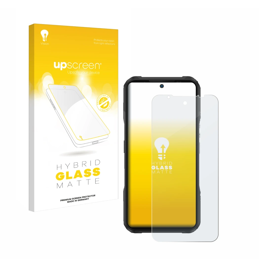 Parte frontal de un envase de producto con el logotipo de la marca upscreen. Al lado se muestra el dispositivo Doogee V20 con 