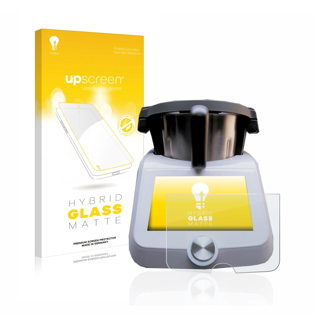 Parte frontal de un envase de producto con el logotipo de la marca upscreen. Al lado se muestra el dispositivo SilverCrest Mon