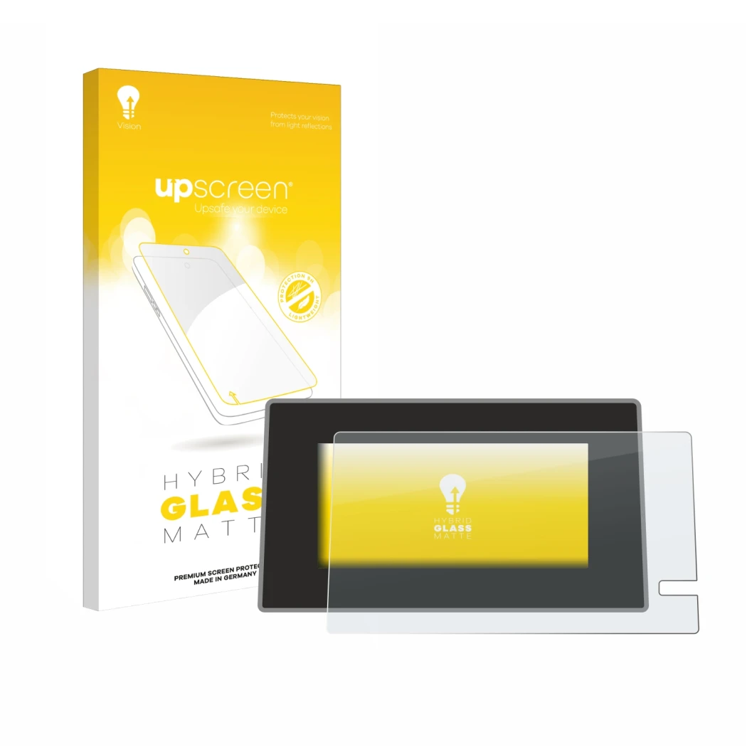 Parte frontal de un envase de producto con el logotipo de la marca upscreen. Al lado se muestra el dispositivo Renault Trafic 