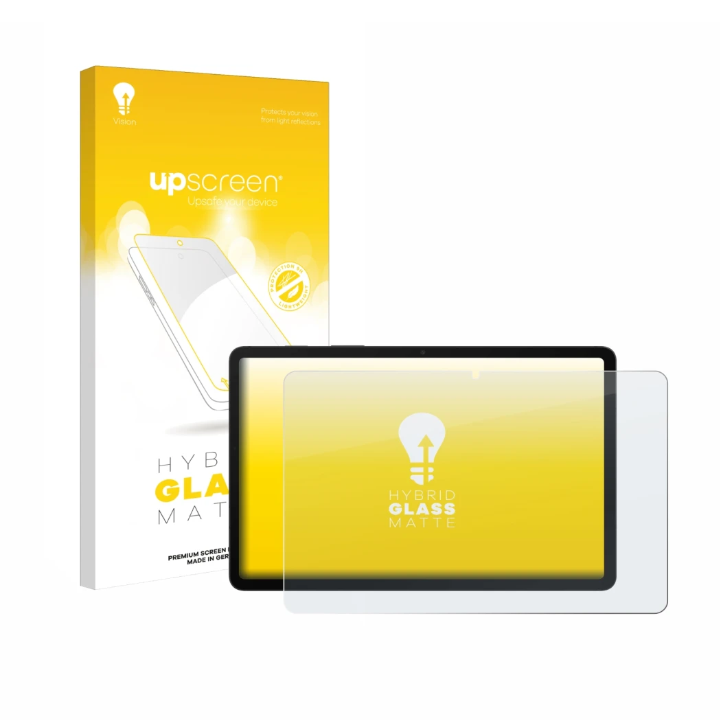 Parte frontal de un envase de producto con el logotipo de la marca upscreen. Al lado se muestra el dispositivo Samsung Galaxy 