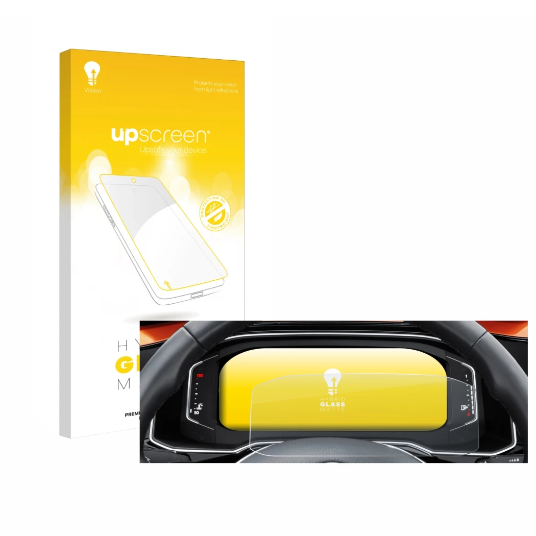 Parte frontal de un envase de producto con el logotipo de la marca upscreen. Al lado se muestra el dispositivo Volkswagen Polo