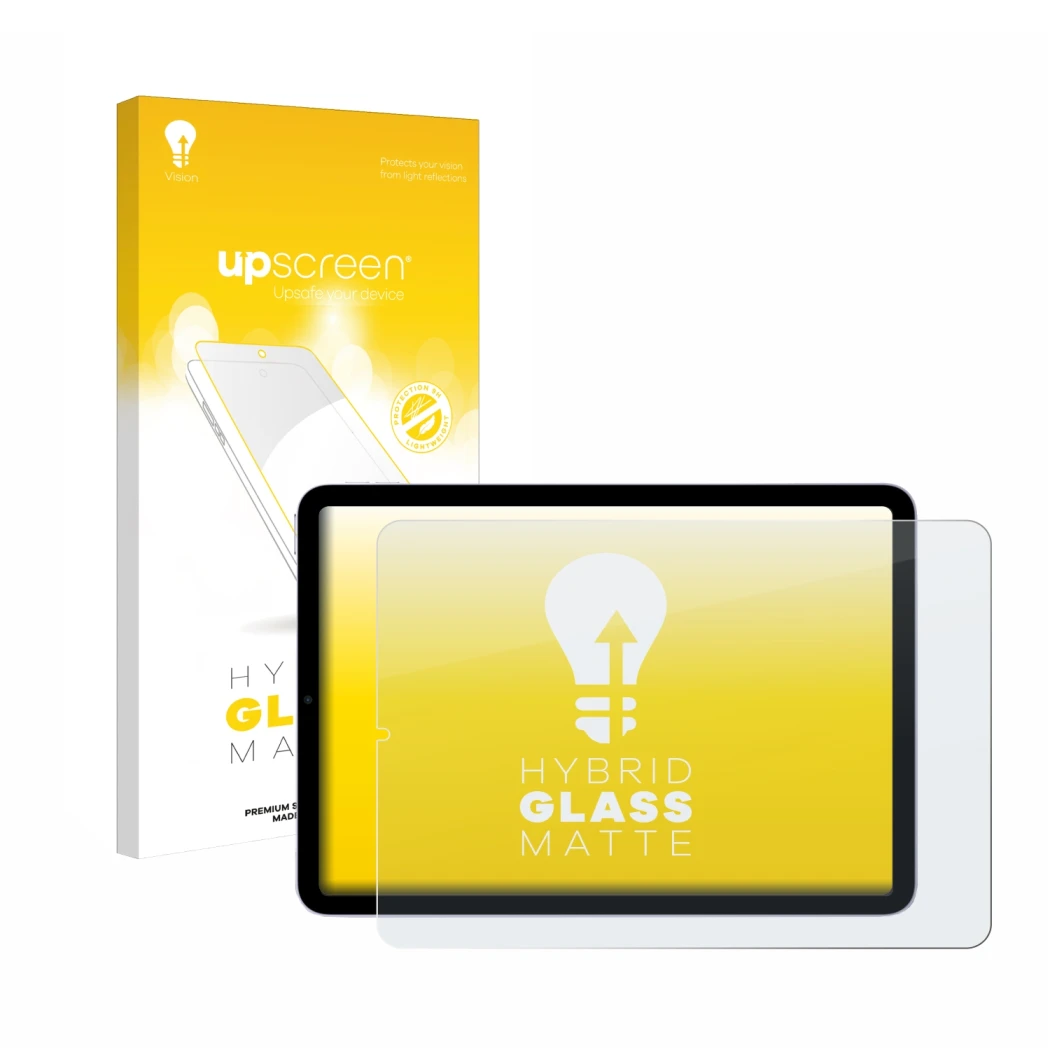 Parte frontal de un envase de producto con el logotipo de la marca upscreen. Al lado se muestra el dispositivo Apple iPad Air 