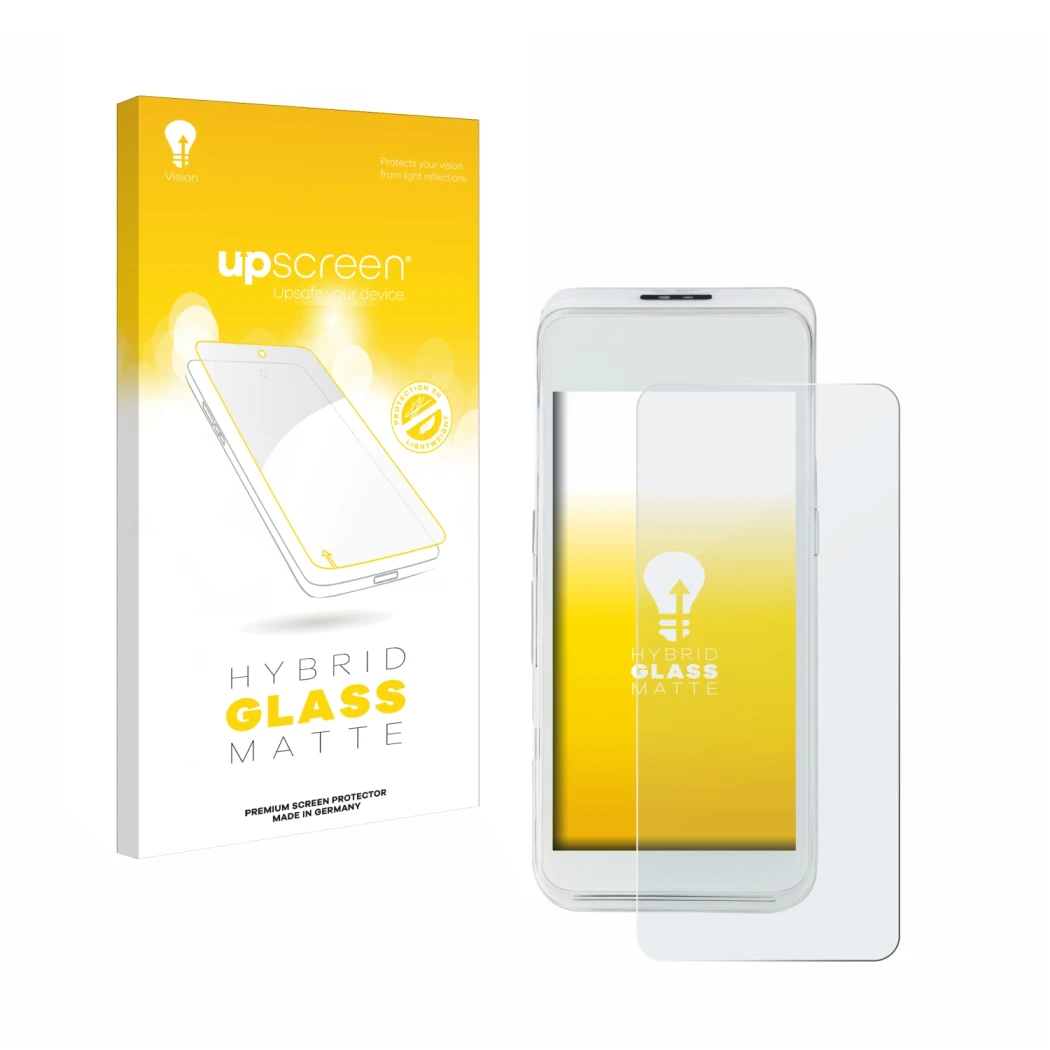 Parte frontal de un envase de producto con el logotipo de la marca upscreen. Al lado se muestra el dispositivo Pax A920 Pro co