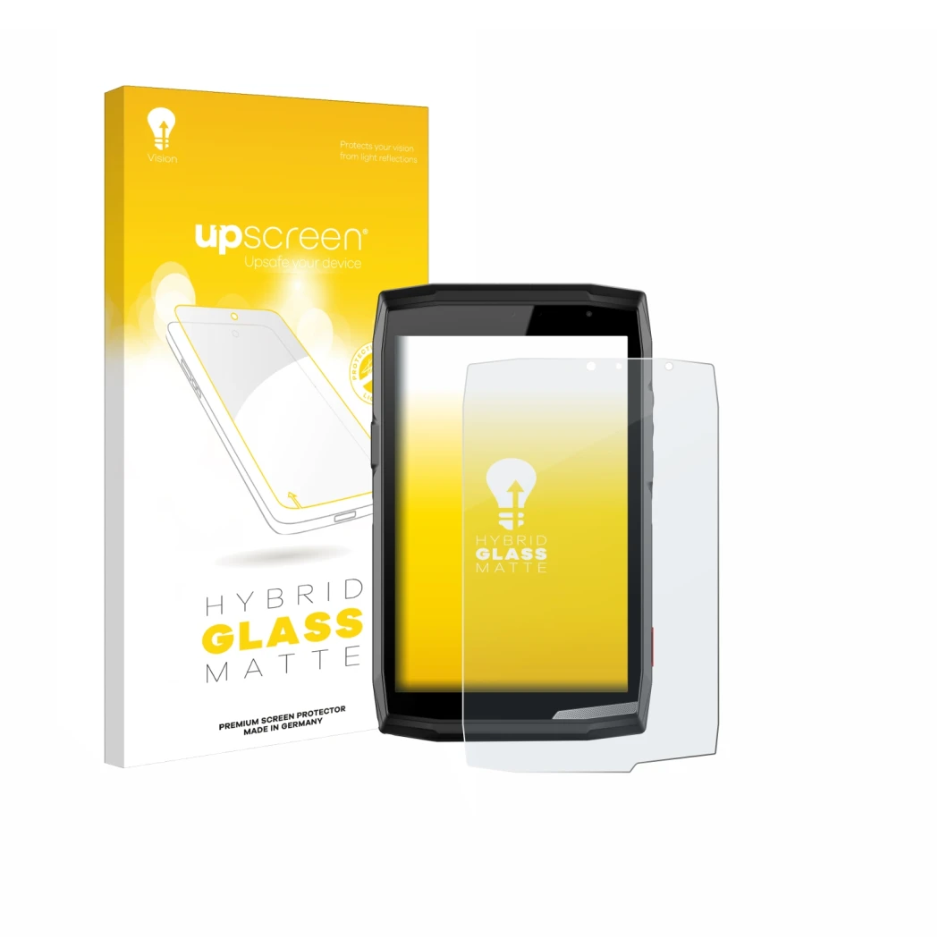 Parte frontal de un envase de producto con el logotipo de la marca upscreen. Al lado se muestra el dispositivo Crosscall Core 