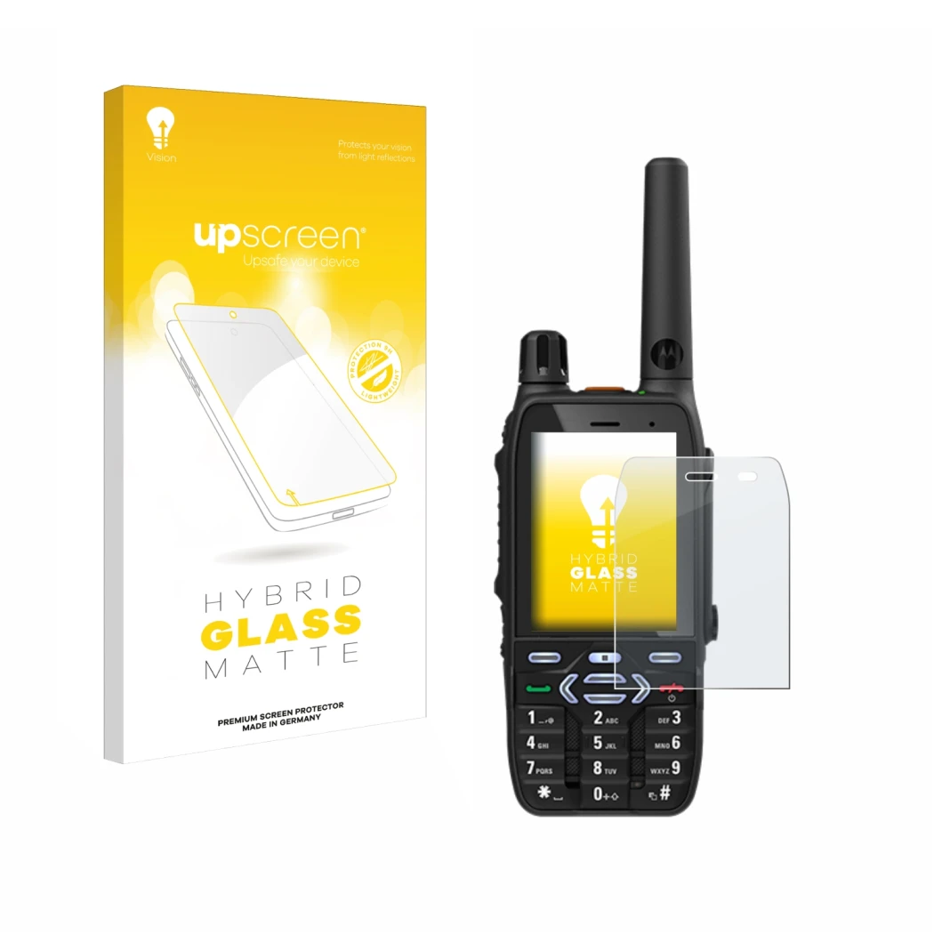 Parte frontal de un envase de producto con el logotipo de la marca upscreen. Al lado se muestra el dispositivo Motorola MXP600