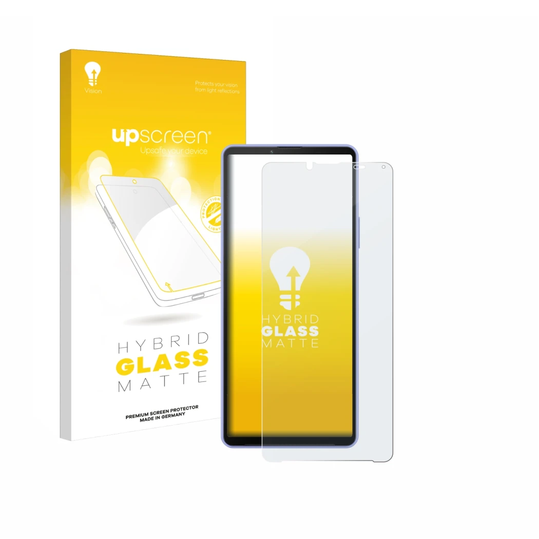 Parte frontal de un envase de producto con el logotipo de la marca upscreen. Al lado se muestra el dispositivo Sony Xperia 10 