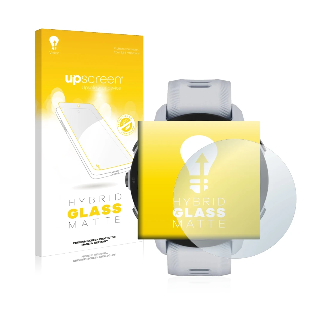 Parte frontal de un envase de producto con el logotipo de la marca upscreen. Al lado se muestra el dispositivo Garmin Forerunn