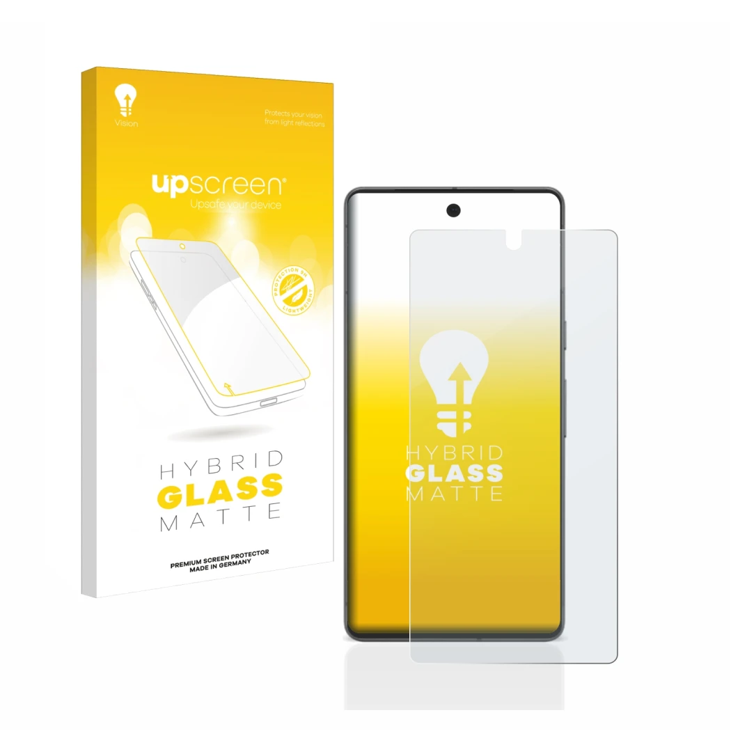 Parte frontal de un envase de producto con el logotipo de la marca upscreen. Al lado se muestra el dispositivo Google Pixel 7 