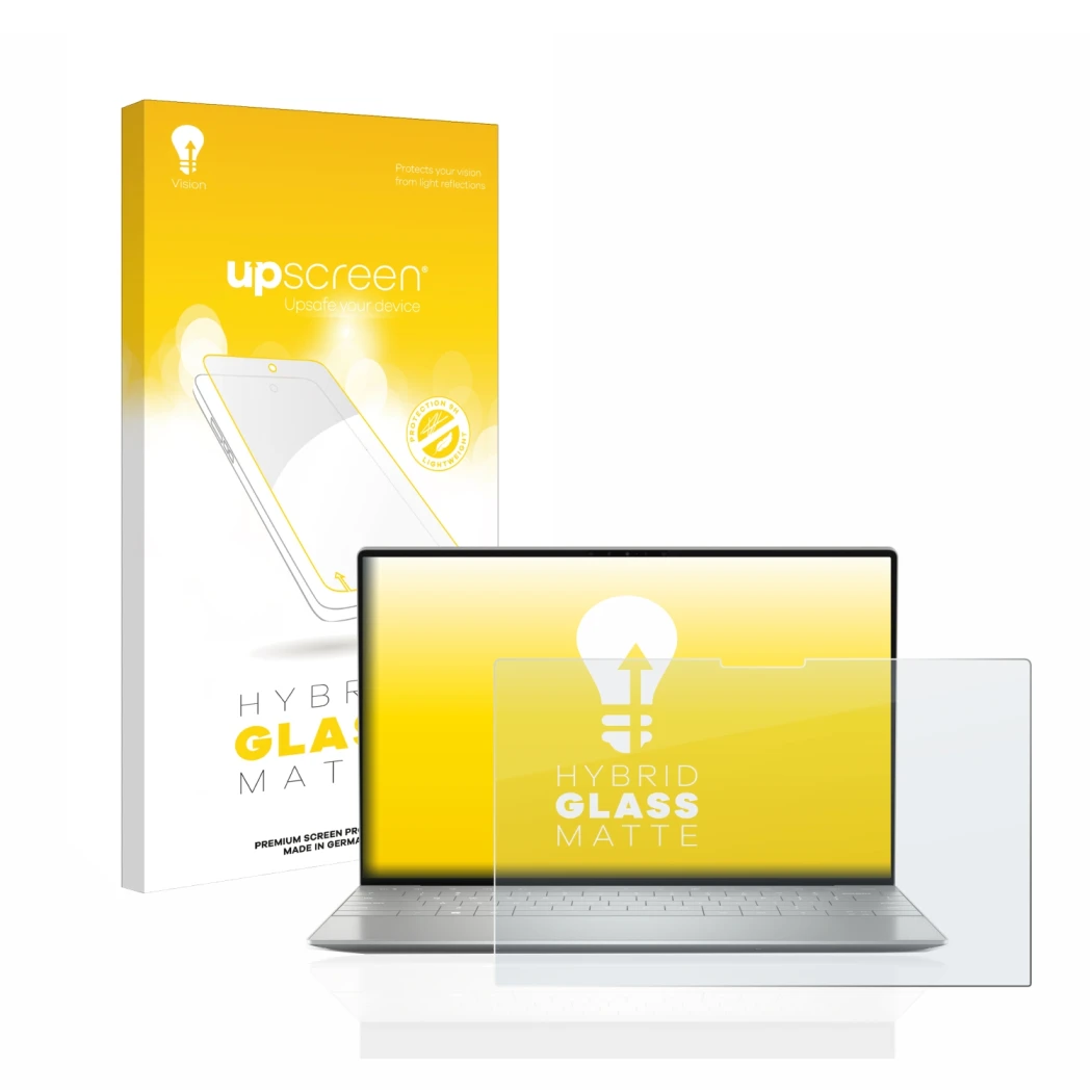 Parte frontal de un envase de producto con el logotipo de la marca upscreen. Al lado se muestra el dispositivo Dell XPS 13 Plu