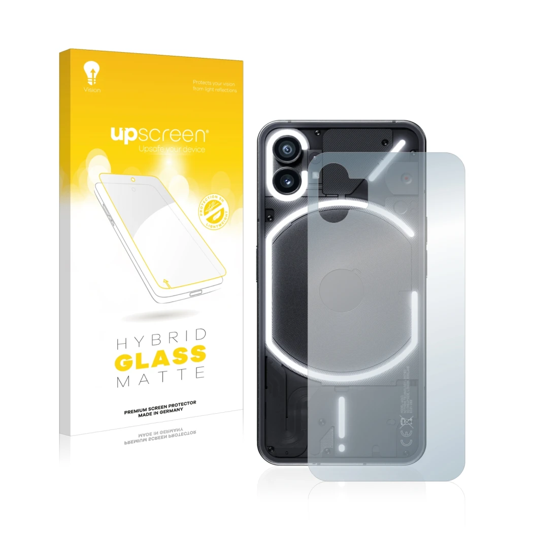 Parte frontal de un envase de producto con el logotipo de la marca upscreen. Al lado se muestra el dispositivo Nothing Phone (