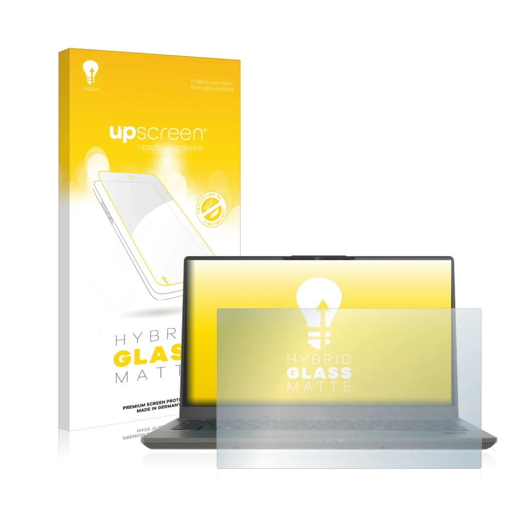 Parte frontal de un envase de producto con el logotipo de la marca upscreen. Al lado se muestra el dispositivo Fujitsu Lifeboo