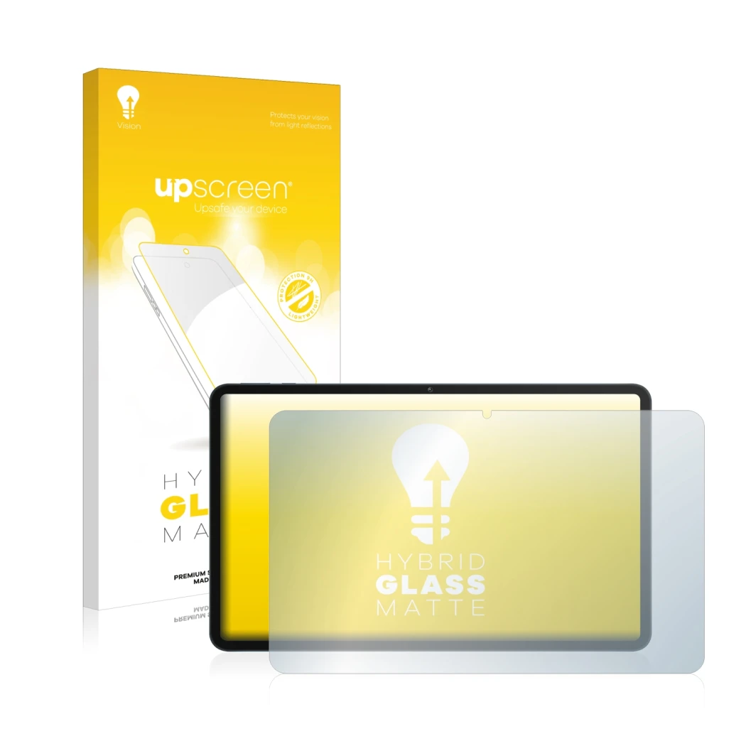 Parte frontal de un envase de producto con el logotipo de la marca upscreen. Al lado se muestra el dispositivo Honor Pad 8 con