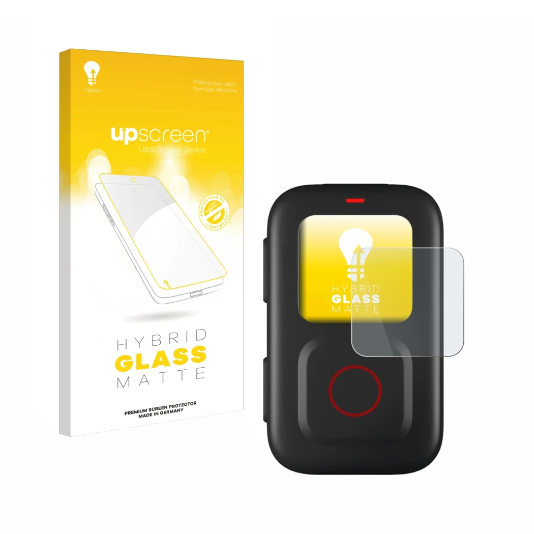 Parte frontal de un envase de producto con el logotipo de la marca upscreen. Al lado se muestra el dispositivo GoPro Remote co