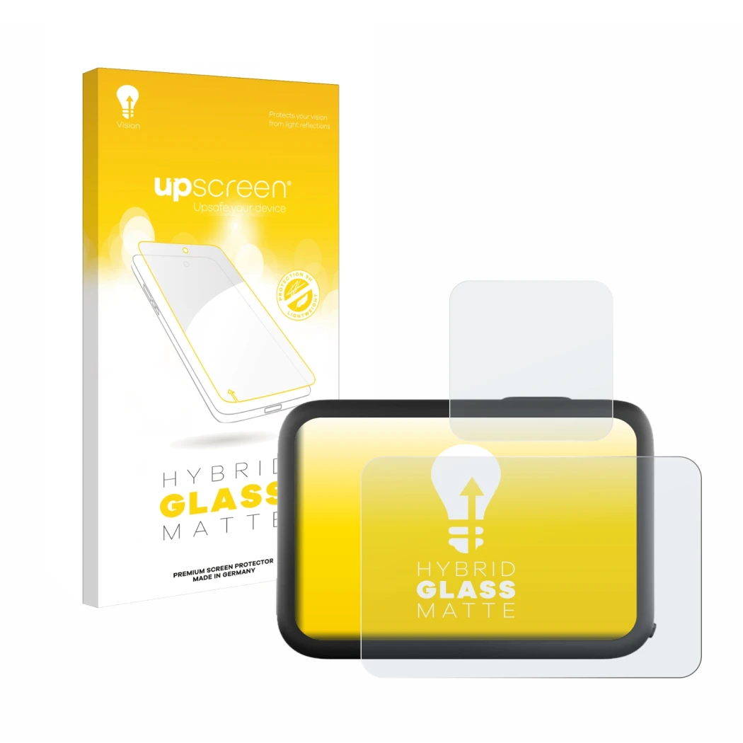 Parte frontal de un envase de producto con el logotipo de la marca upscreen. Al lado se muestra el dispositivo GoPro Hero 11 B