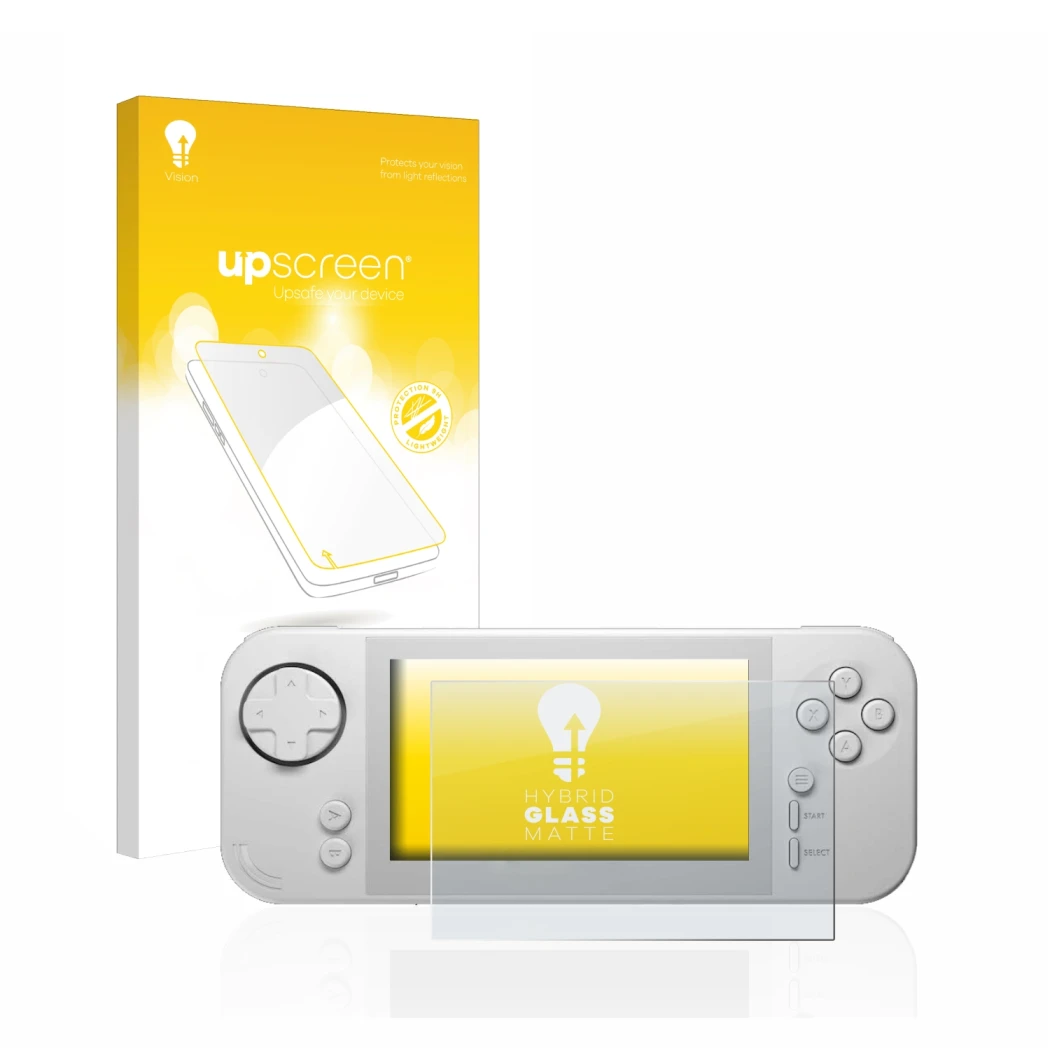 Parte frontal de un envase de producto con el logotipo de la marca upscreen. Al lado se muestra el dispositivo Evercade EXP co