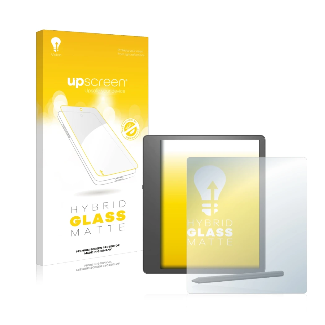 Parte frontal de un envase de producto con el logotipo de la marca upscreen. Al lado se muestra el dispositivo Amazon Kindle S