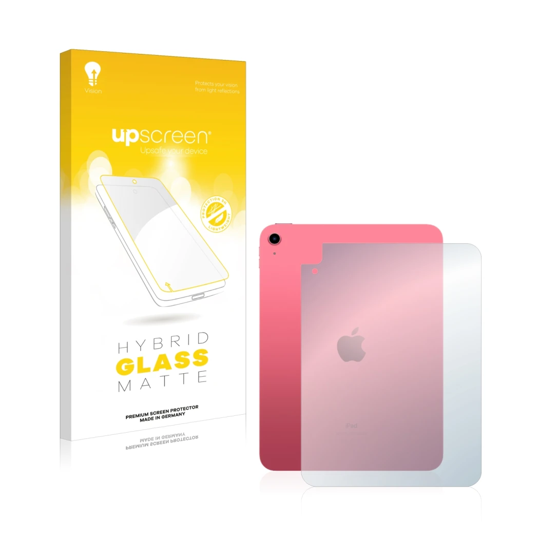 Parte frontal de un envase de producto con el logotipo de la marca upscreen. Al lado se muestra el dispositivo Apple iPad 10.9