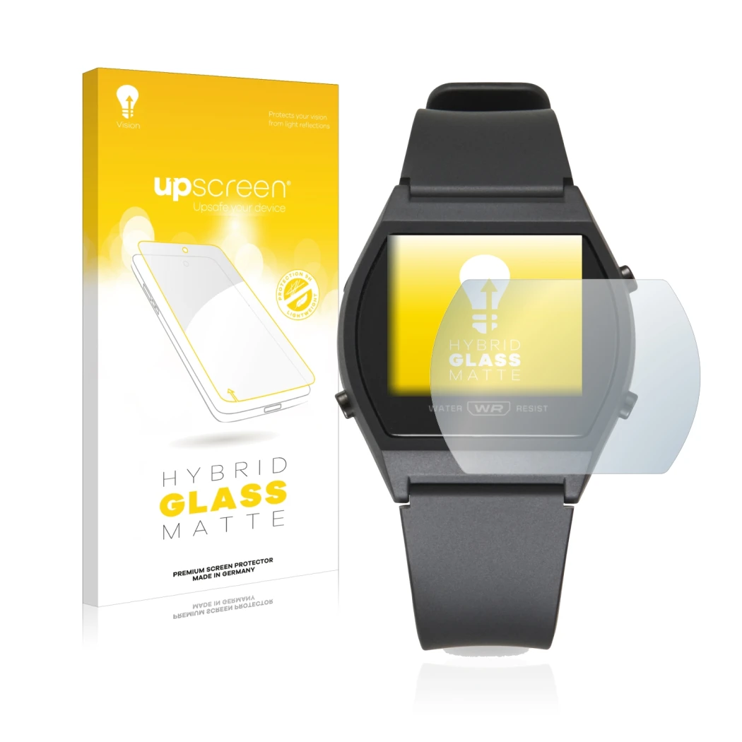 Parte frontal de un envase de producto con el logotipo de la marca upscreen. Al lado se muestra el dispositivo Casio LW-204-1B