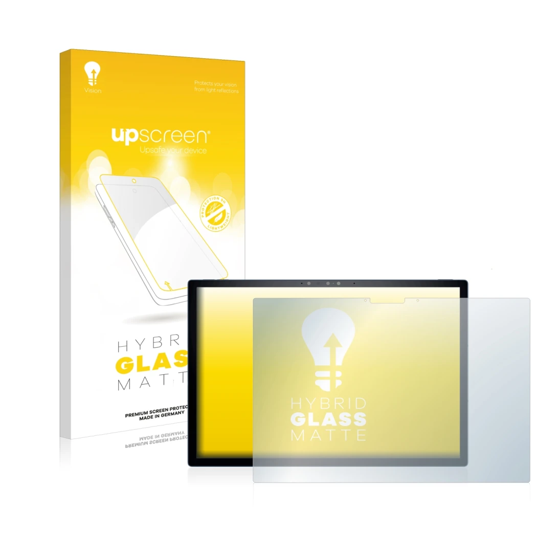 Parte frontal de un envase de producto con el logotipo de la marca upscreen. Al lado se muestra el dispositivo Dell XPS 13 931