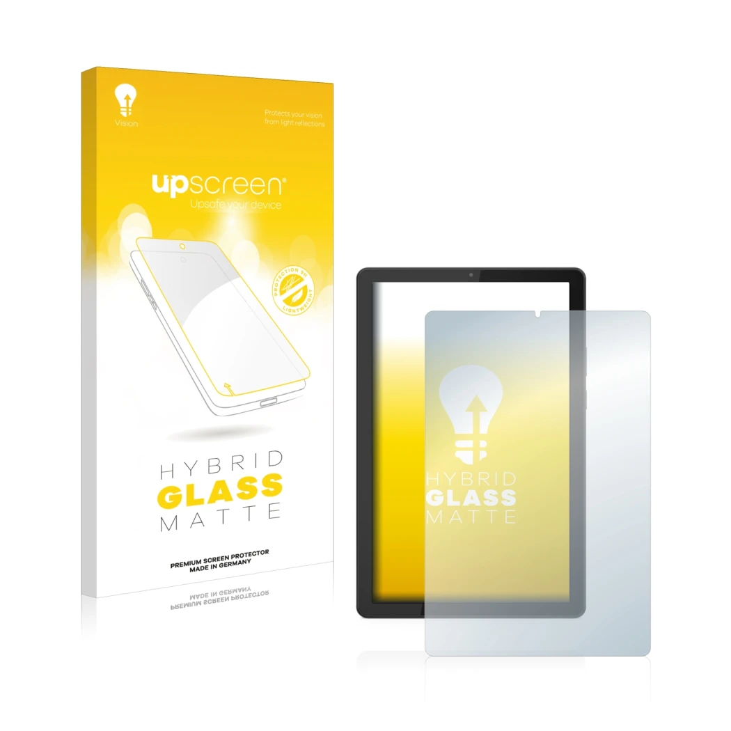 Parte frontal de un envase de producto con el logotipo de la marca upscreen. Al lado se muestra el dispositivo Lenovo Tab M9 c