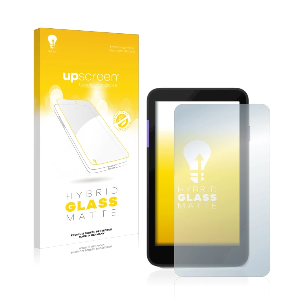 Parte frontal de un envase de producto con el logotipo de la marca upscreen. Al lado se muestra el dispositivo Zettle Terminal