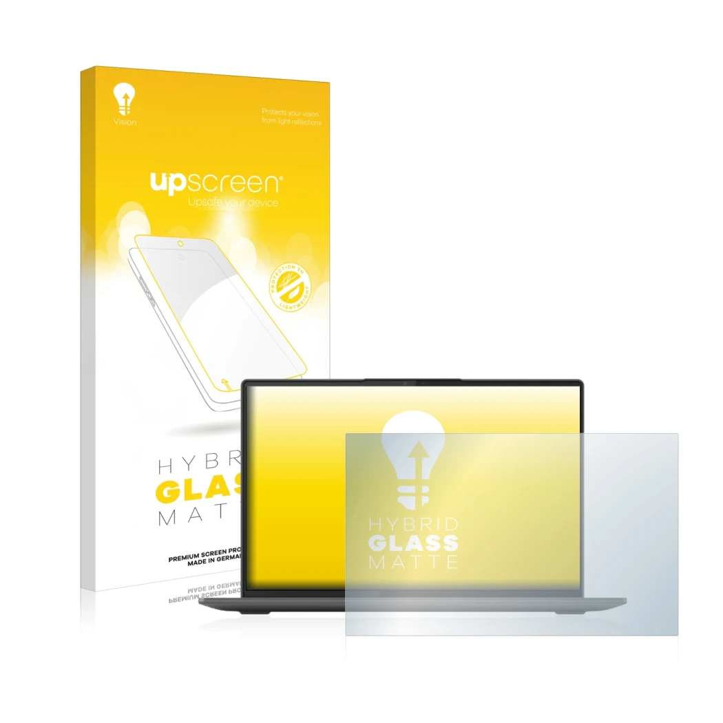 Parte frontal de un envase de producto con el logotipo de la marca upscreen. Al lado se muestra el dispositivo Lenovo Yoga Sli