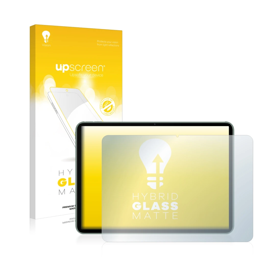 Parte frontal de un envase de producto con el logotipo de la marca upscreen. Al lado se muestra el dispositivo OnePlus Pad con