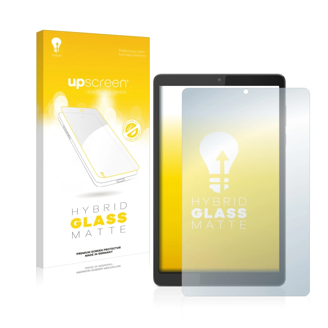 Parte frontal de un envase de producto con el logotipo de la marca upscreen. Al lado se muestra el dispositivo Lenovo Tab M8 (