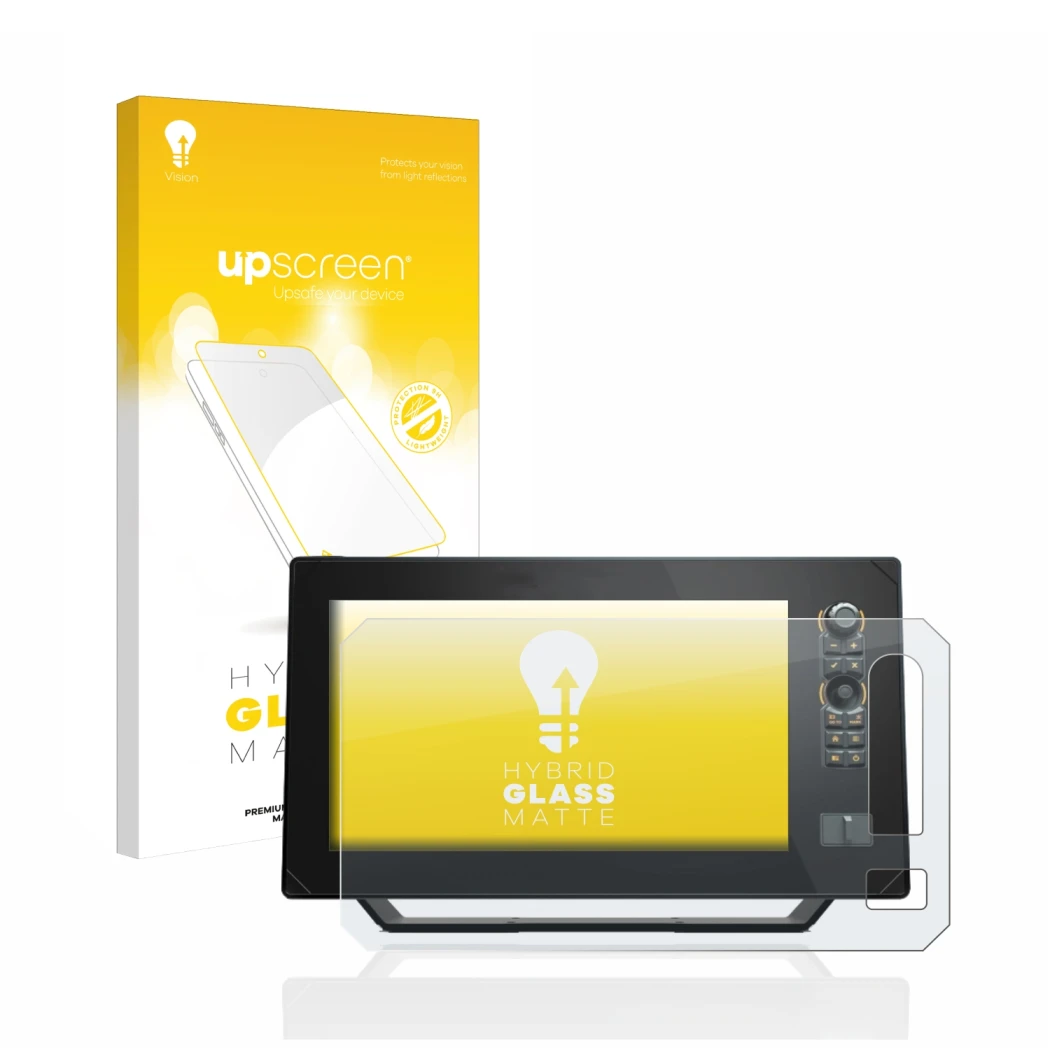 Parte frontal de un envase de producto con el logotipo de la marca upscreen. Al lado se muestra el dispositivo Humminbird Apex