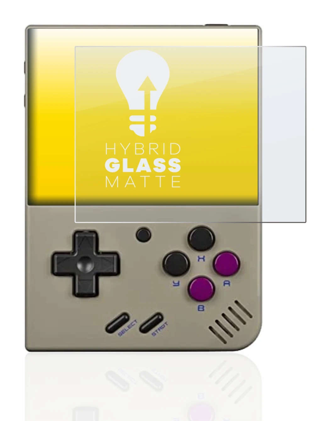 Imagen del dispositivo Miyoo Mini Plus con una amplia variedad de protectores de pantalla.