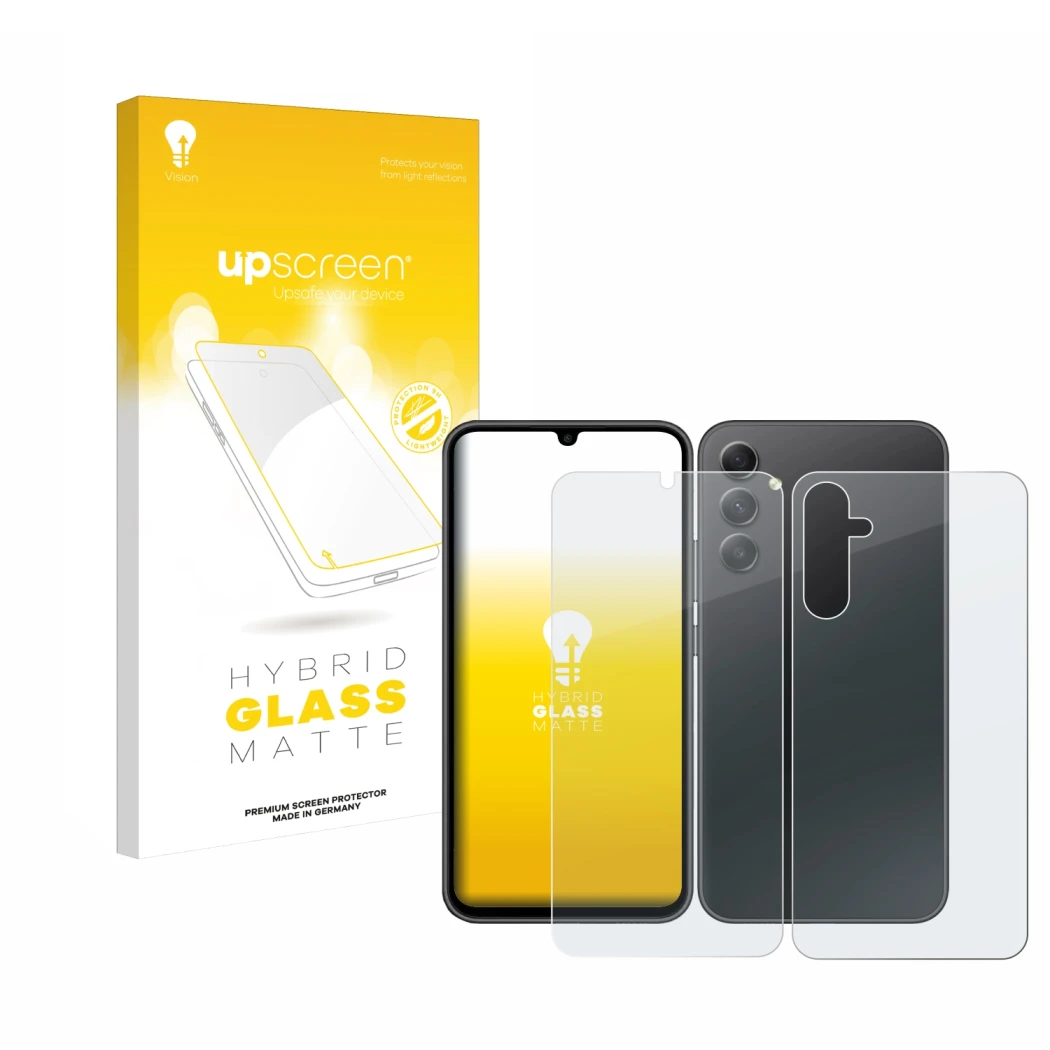 Parte frontal de un envase de producto con el logotipo de la marca upscreen. Al lado se muestra el dispositivo Samsung Galaxy 