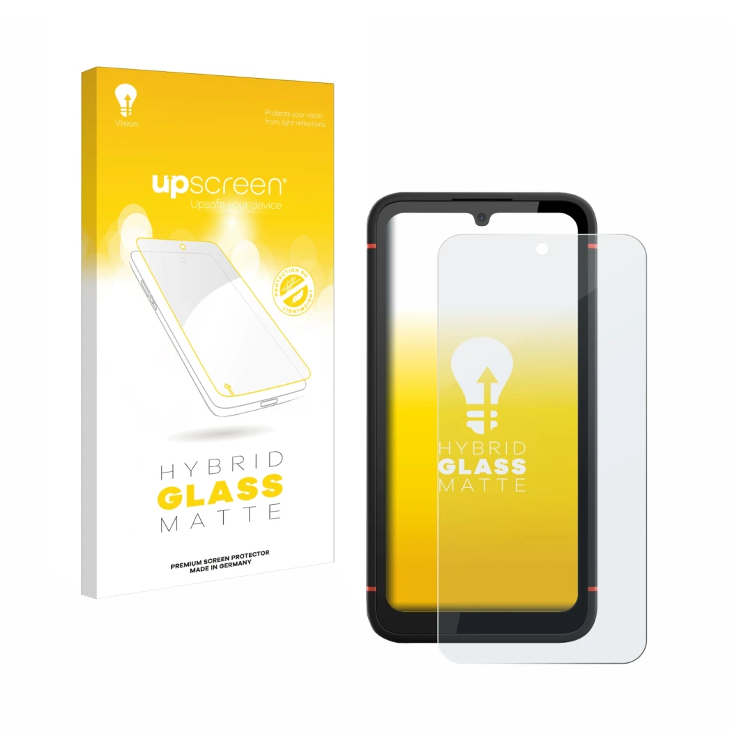 Parte frontal de un envase de producto con el logotipo de la marca upscreen. Al lado se muestra el dispositivo Gigaset GX4 con