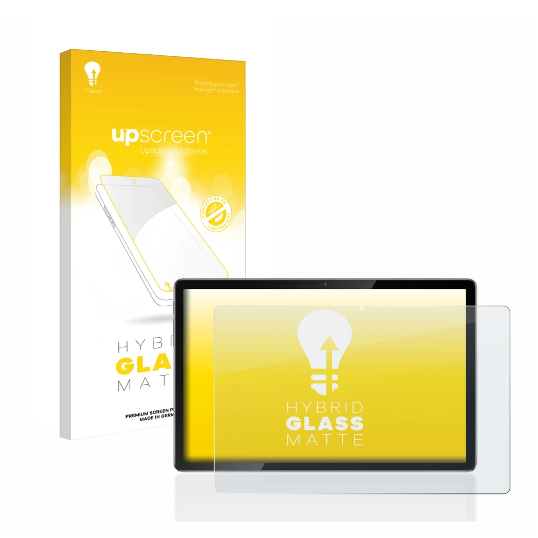 Parte frontal de un envase de producto con el logotipo de la marca upscreen. Al lado se muestra el dispositivo Blackview Tab 1