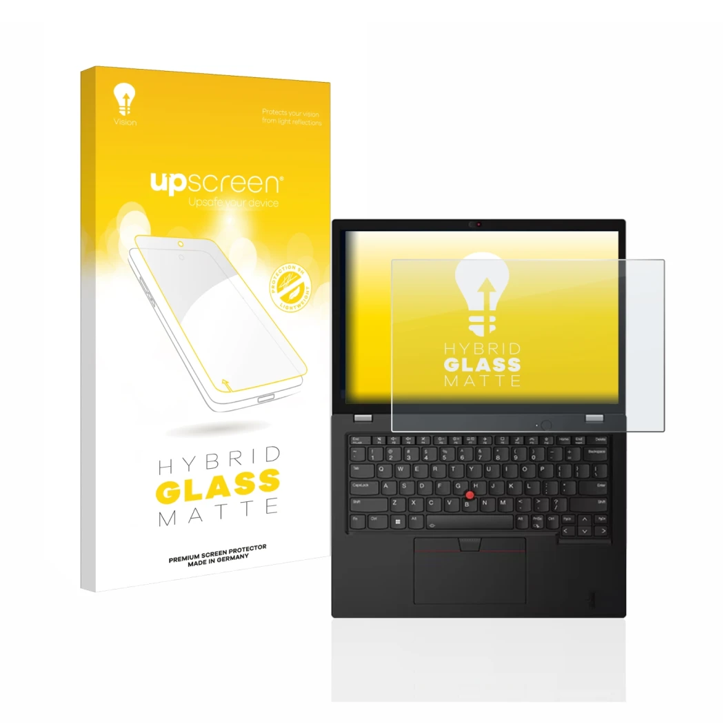 Parte frontal de un envase de producto con el logotipo de la marca upscreen. Al lado se muestra el dispositivo Lenovo Thinkpad