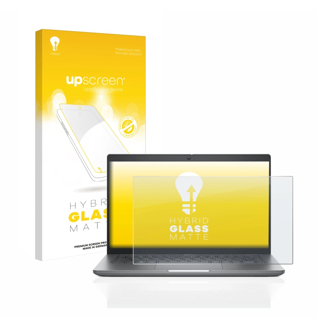 Parte frontal de un envase de producto con el logotipo de la marca upscreen. Al lado se muestra el dispositivo Dell Latitude 5