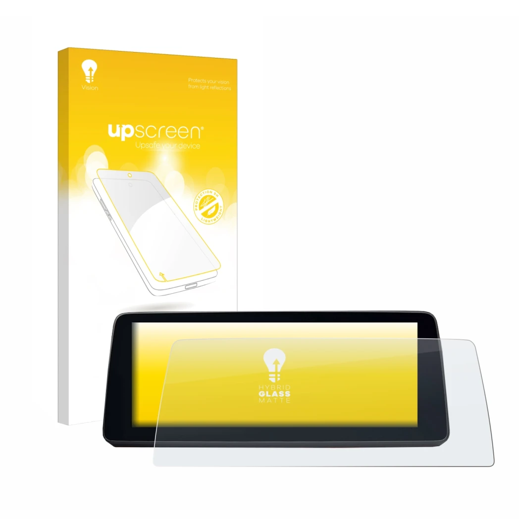 Parte frontal de un envase de producto con el logotipo de la marca upscreen. Al lado se muestra el dispositivo BMW 5 G30/G31 2