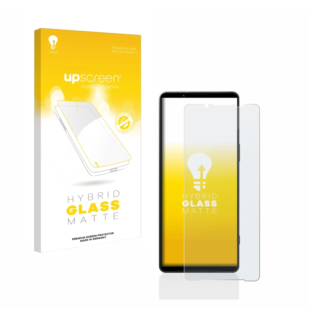 Parte frontal de un envase de producto con el logotipo de la marca upscreen. Al lado se muestra el dispositivo Sony Xperia 1 V