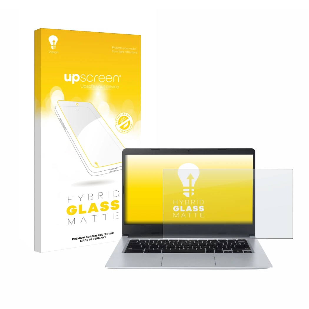 Parte frontal de un envase de producto con el logotipo de la marca upscreen. Al lado se muestra el dispositivo Acer Chromebook