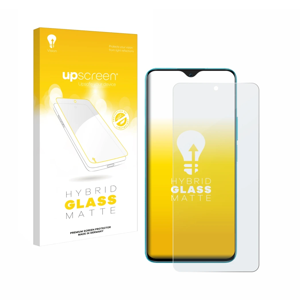 Parte frontal de un envase de producto con el logotipo de la marca upscreen. Al lado se muestra el dispositivo Honor 90 Lite c