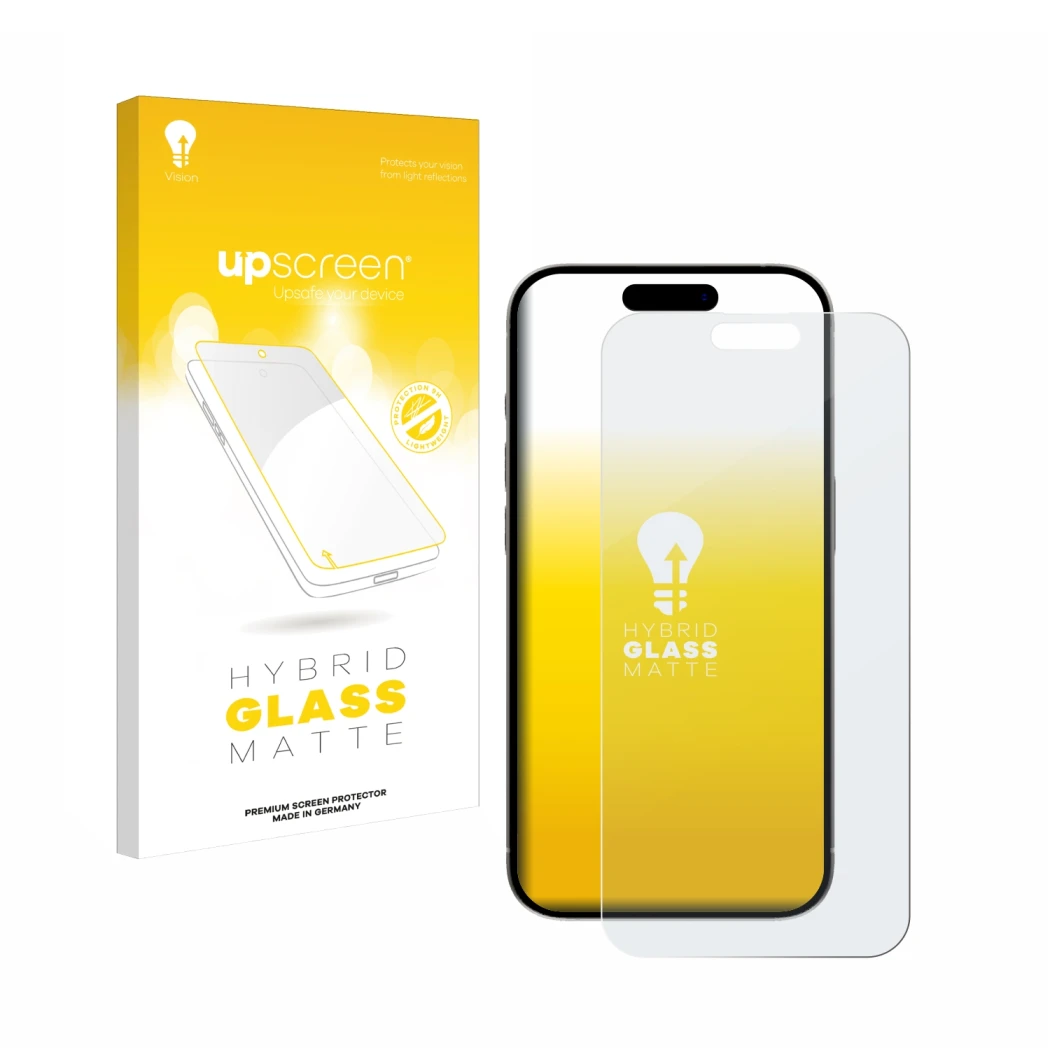 Parte frontal de un envase de producto con el logotipo de la marca upscreen. Al lado se muestra el dispositivo Apple iPhone 15