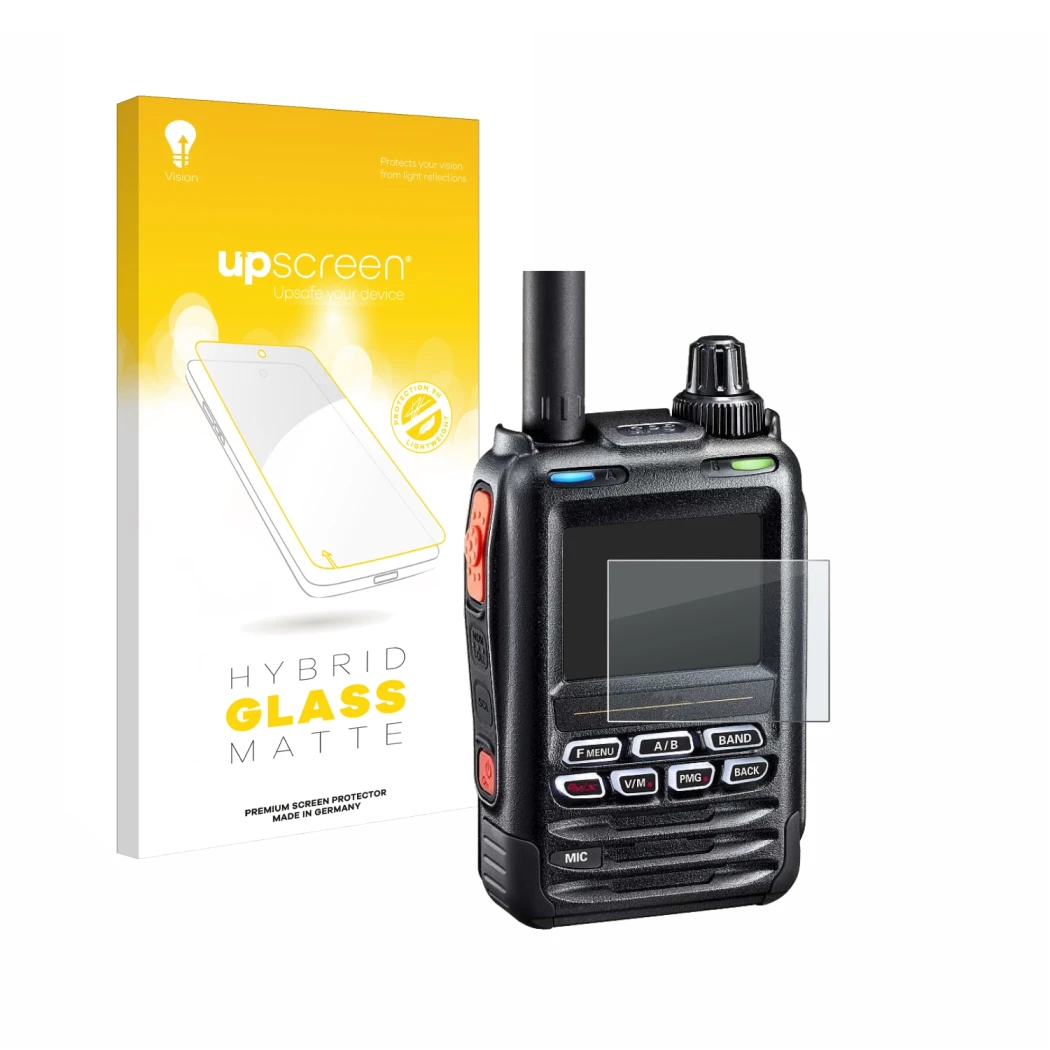 Parte frontal de un envase de producto con el logotipo de la marca upscreen. Al lado se muestra el dispositivo Yaesu FT-5DE/DR