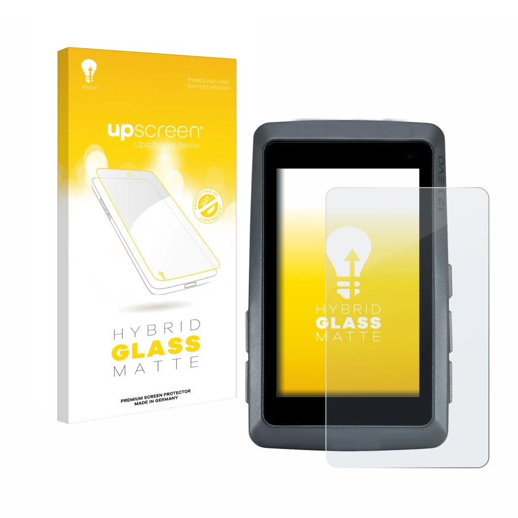 Parte frontal de un envase de producto con el logotipo de la marca upscreen. Al lado se muestra el dispositivo Sigma ROX 12.1 