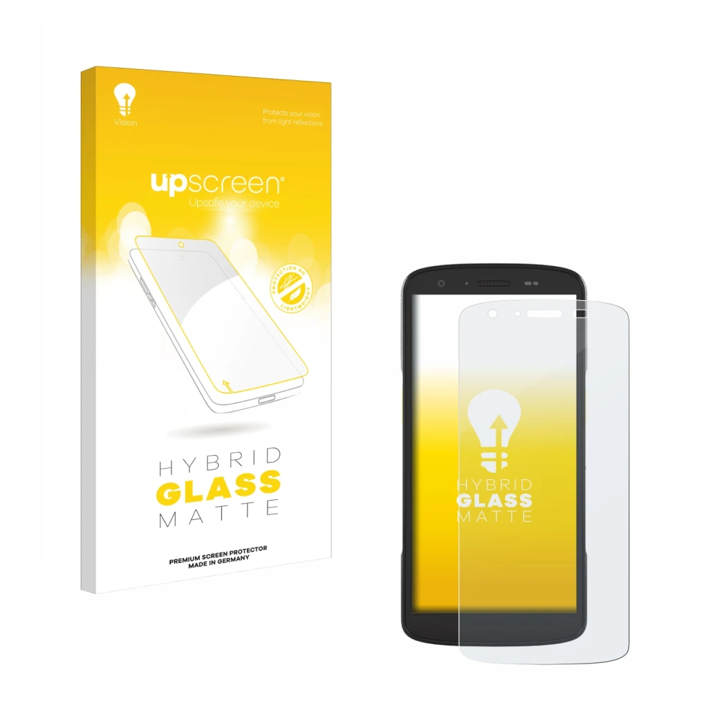 Parte frontal de un envase de producto con el logotipo de la marca upscreen. Al lado se muestra el dispositivo Zebra TC22 con 