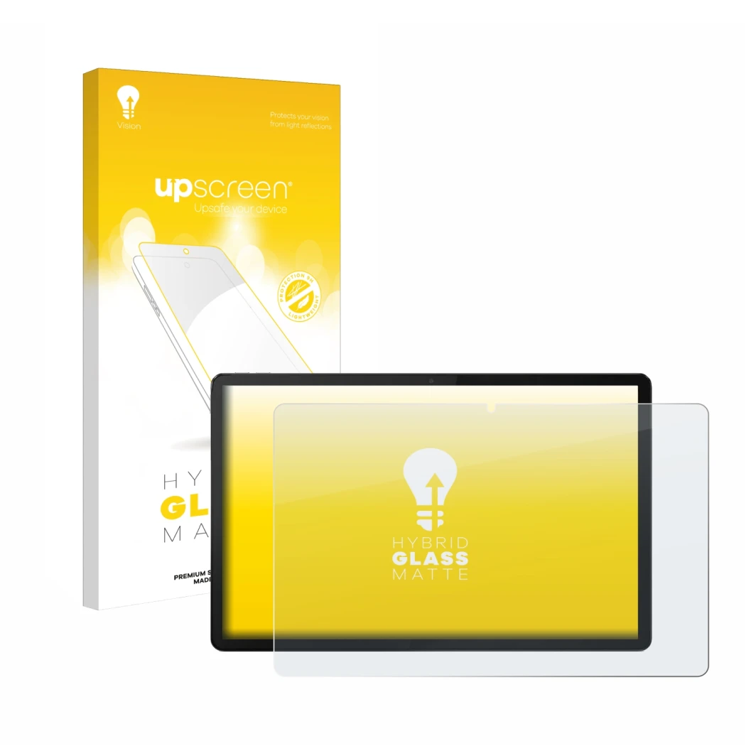 Parte frontal de un envase de producto con el logotipo de la marca upscreen. Al lado se muestra el dispositivo Lenovo Tab P12 