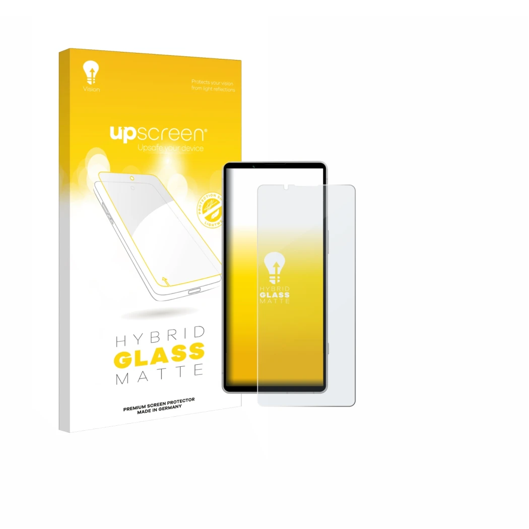 Parte frontal de un envase de producto con el logotipo de la marca upscreen. Al lado se muestra el dispositivo Sony Xperia 5 V