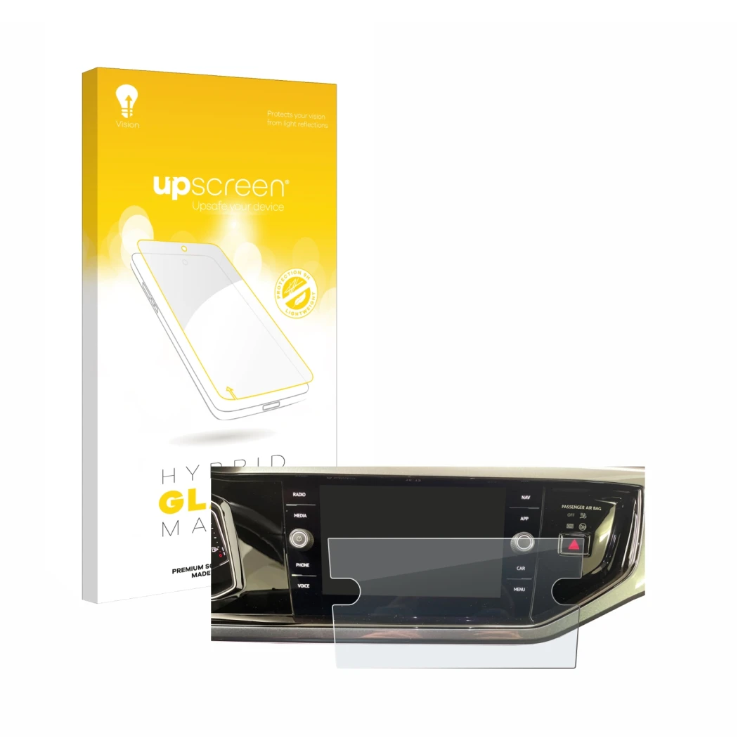 Parte frontal de un envase de producto con el logotipo de la marca upscreen. Al lado se muestra el dispositivo Volkswagen Polo